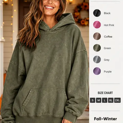 Holafish Women's Soft Vintage Washed Baggy Cotton Basic Hooded Neck Pullover Hoodie - Cozy Chic Everyday Streetwear Loungewear Women, Ribbed Long Sleeves, Kangaroo Pocket, Minimalist Quick-On Retro Casual Top
