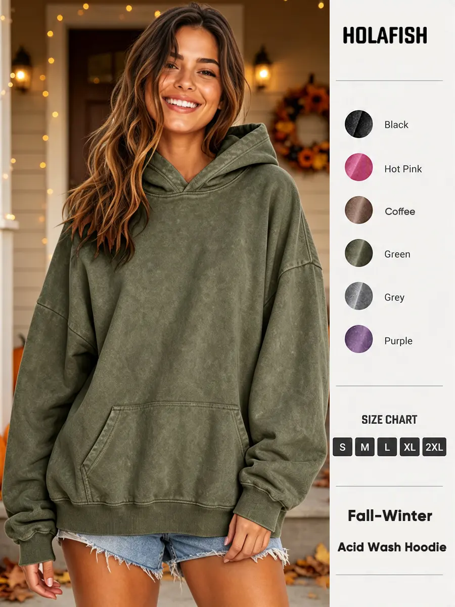 Holafish Cozy Vintage Washed Hoodie Women's Oversized Acid Wash Pullover Hoodies -Unisex Fall Hoodie Loose Fit, Ribbed Long Sleeves, Kangaroo Pocket, Minimalist, Quick On, Retro Street Style Casual Top