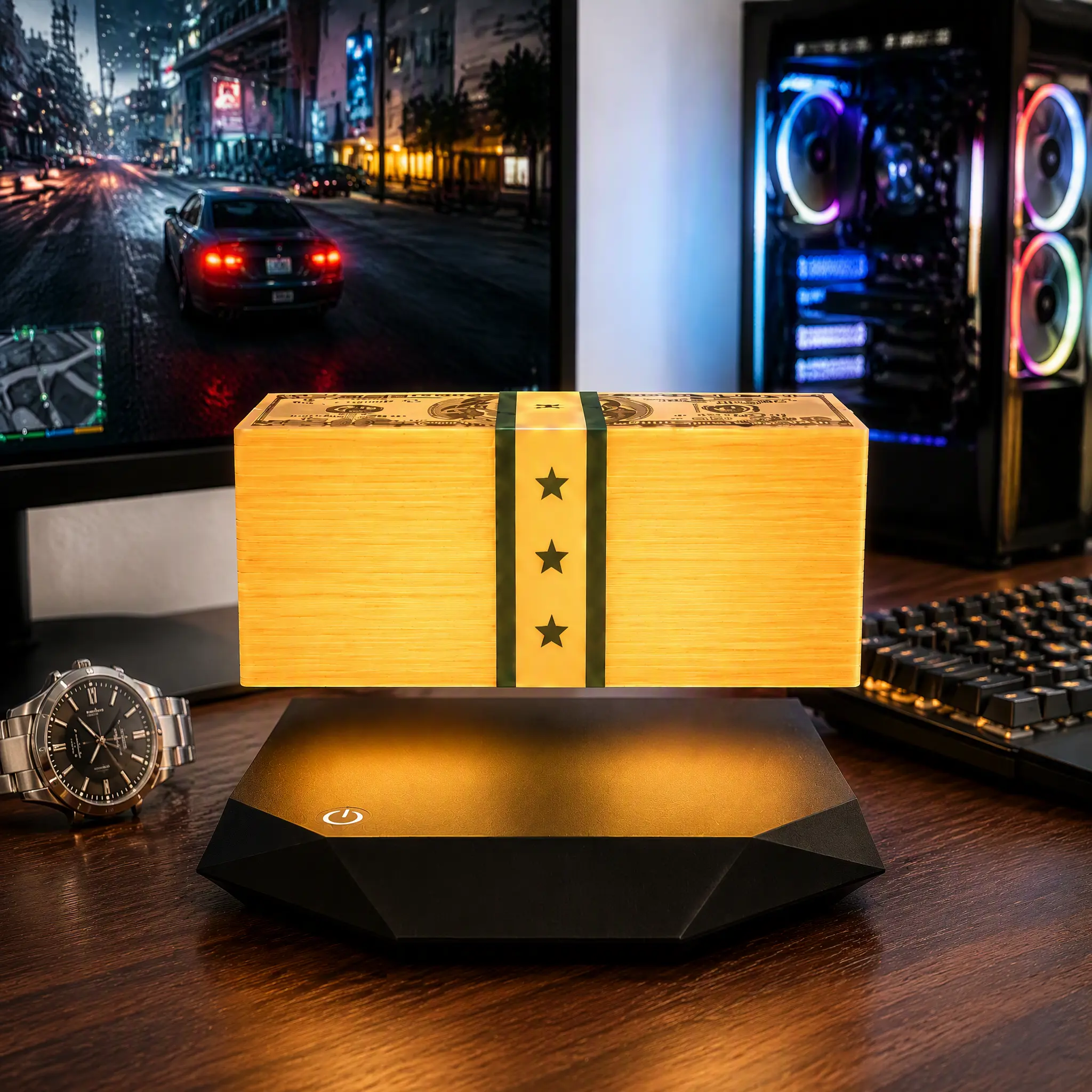 Magnetic Levitating Money Stack Night Light | LED 3-Color Modes (Warm/Cool/White) 360° Floating Cash Ambient Lamp, Crime City Heist Room Decor for Bedside & Game Room & Halloween Decor