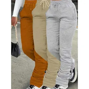 3-Pack Women'S Casual Sweatpants with Pockets, Solid Color Polyester Knit Fabric, Straight Leg Drawstring Joggers, All Season Comfort Fit