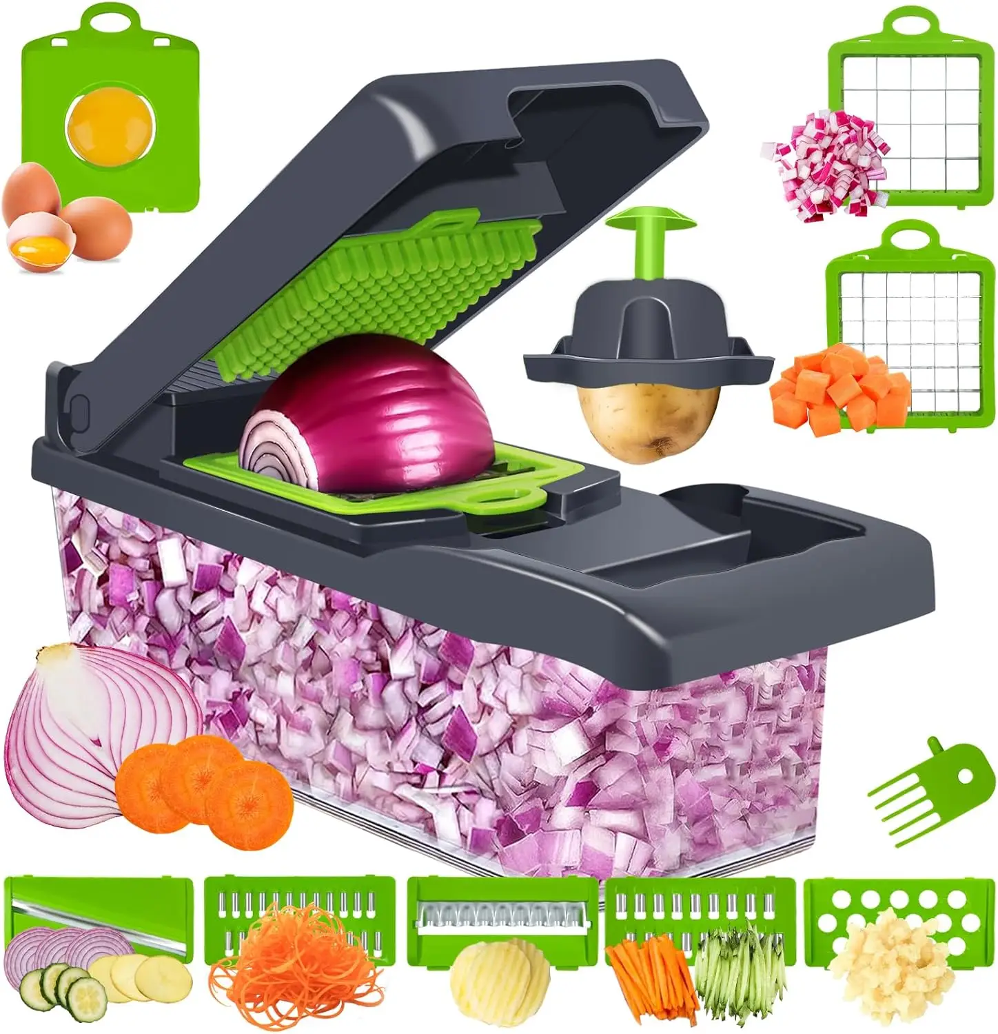 14-in-1 Multi functional Vegetable Chopper with 8 Blades and Container – Onion Chopper, Kitchen Slicer, Cutter Plastic Stainless Utensils Steel Fry Ch