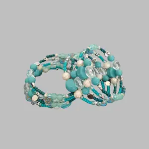 Bracelet - 4 coil Turquoise white and crystal beads on memory wire bracelet