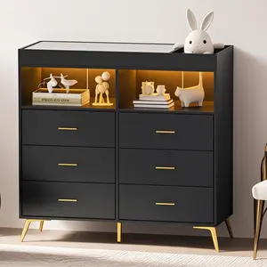 Dresser for Bedroom with 6 Drawers, Baby Changing Table Dresser with Changing Pad, LED Lights & Charging Station, Baby Changing Station with Changing Table Top