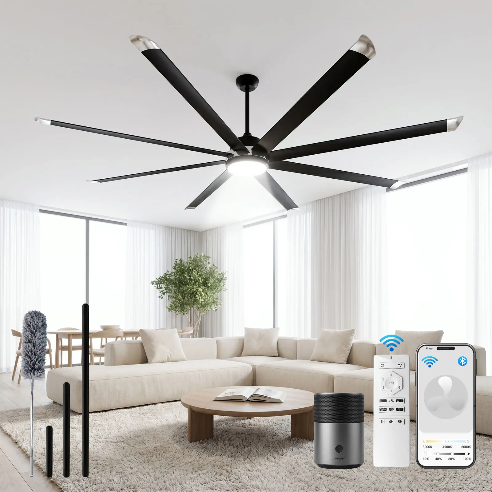 NorthSky 96 Inch Industrial Ceiling Fan with Light, Smart Remote, App & Voice Control, Commercial Ceiling Fan Equipped with 8 Reversible Aluminum Blades, Large Airflow Fan for Garage, Gym, Workshop & Extra Large Rooms