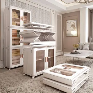 1/2/3-Tier Foldable Plastic Storage Cabinet with Doors & Wheels – Large Capacity Stackable Organizer for Bedroom, Living Room, Kitchen | Space-Saving Design, Easy Assembly, Modern White Finish, Mobile Storage Unit | Clear Doors & Magnetic Closure