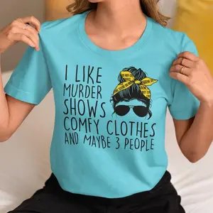 I Like Murder Shows T-Shirt – Funny True Crime Fan Tee with Crime Scene Hair Design, Comfy Clothes Quote, Cotton Crewneck Streetwear Black Top