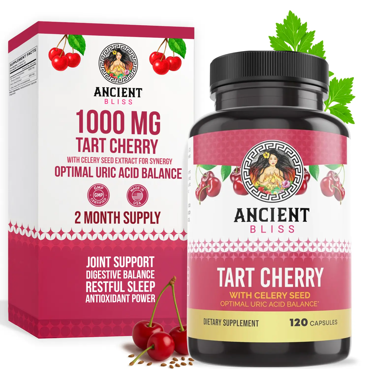 Ancient Bliss Tart Cherry Capsules - Natural Organic Wellness Supplement with Celery Seed, Antioxidant Support, Sugar-Free, Gluten-Free, Natural Ingredients for Joint Health & Sleep (For Men & Women)