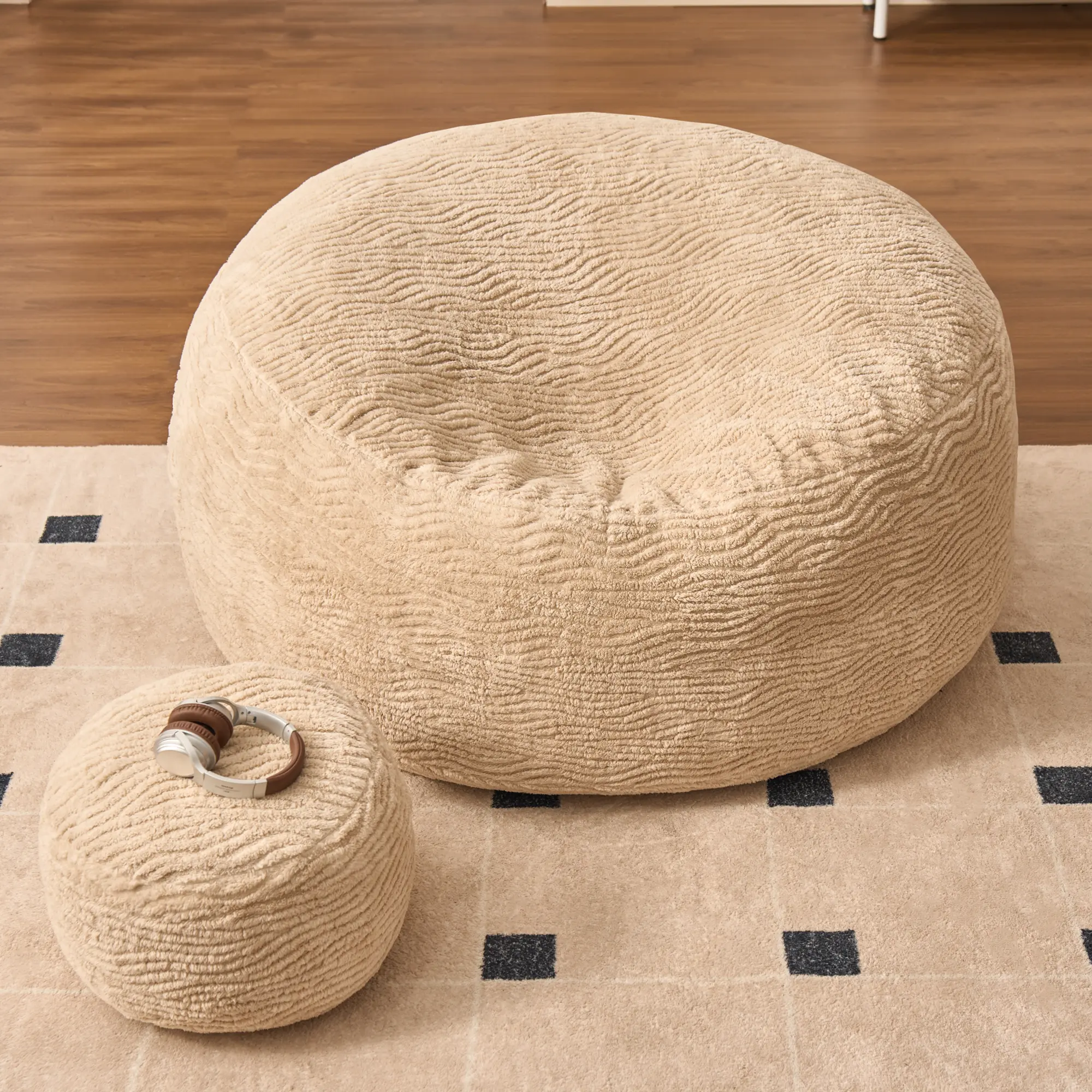 Striped Beige Bean Bag Lazy Sofa with Ottoman