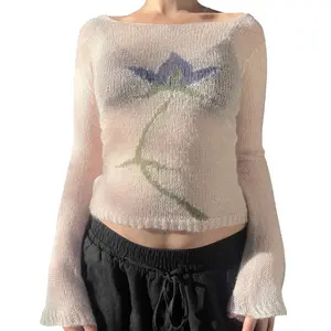 Women's Floral Print Knitted Tops Long Sleeve Boat NeckFit T-Shirts Sheer Sweaters Womenswear Fashion Knitwear