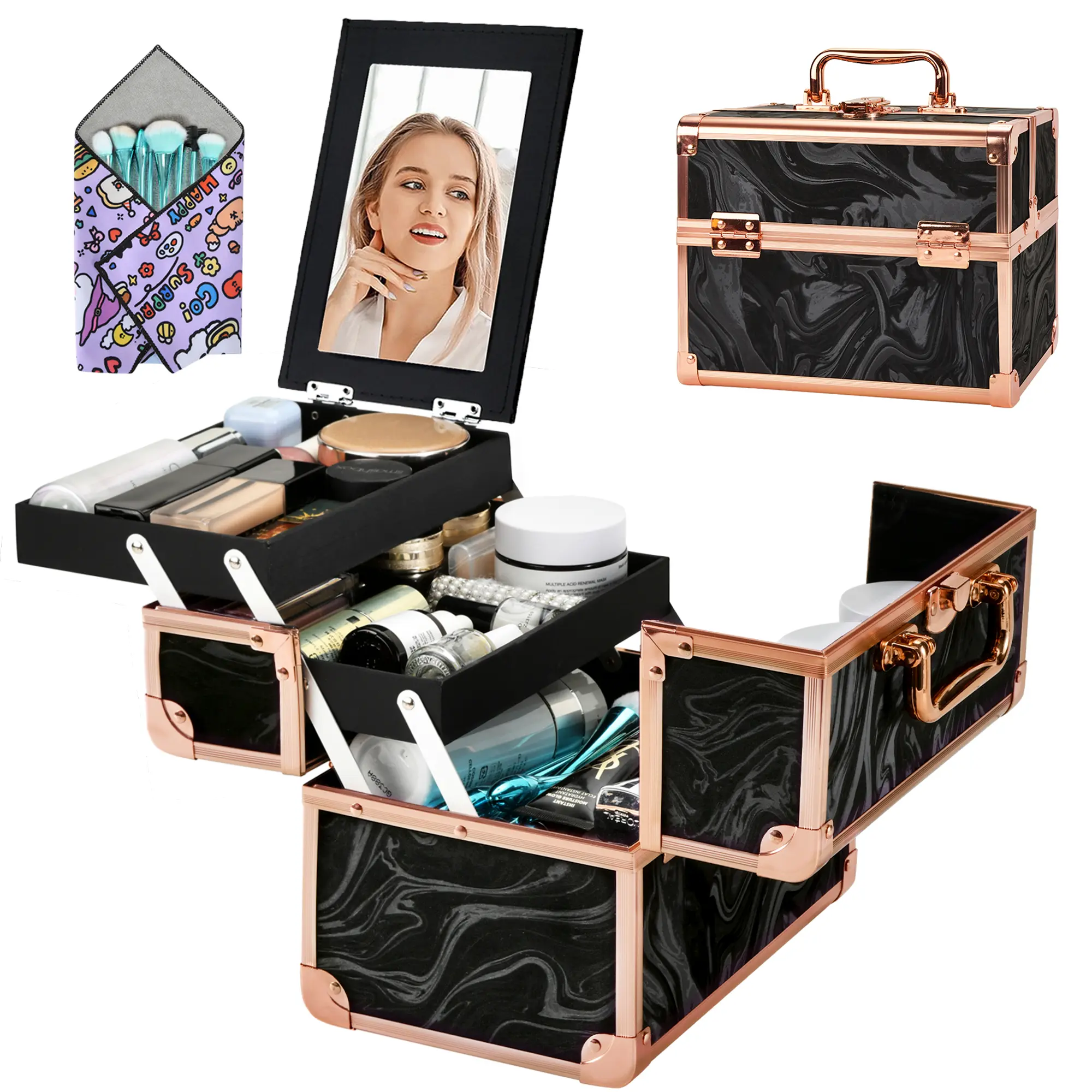 Somdy Large capacity Makeup  Case, 2-Tier Cosmetic travel fashion Storage organization Box with Mirror, Portable jewelry Organizer with key lock for Nail Tech Barber