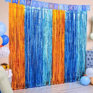 Blue Dog Party Decorations, 2 Pack Dog-Themed Birthday Party Supplies, 3.3x6.6 ft Orange Blue and Light Blue Tinsel Photo Booth Props Streamer Photo Backdrop for Kids Boys Girls Party Decor
