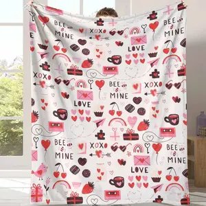 Valentine Theme Flannel Blanket Cute Love Pattern with Hearts Cupcakes Gifts Rainbows Romantic Soft Warm Cozy Throw Perfect for Bedroom Sofa Anniversary Wedding Celebration Gift