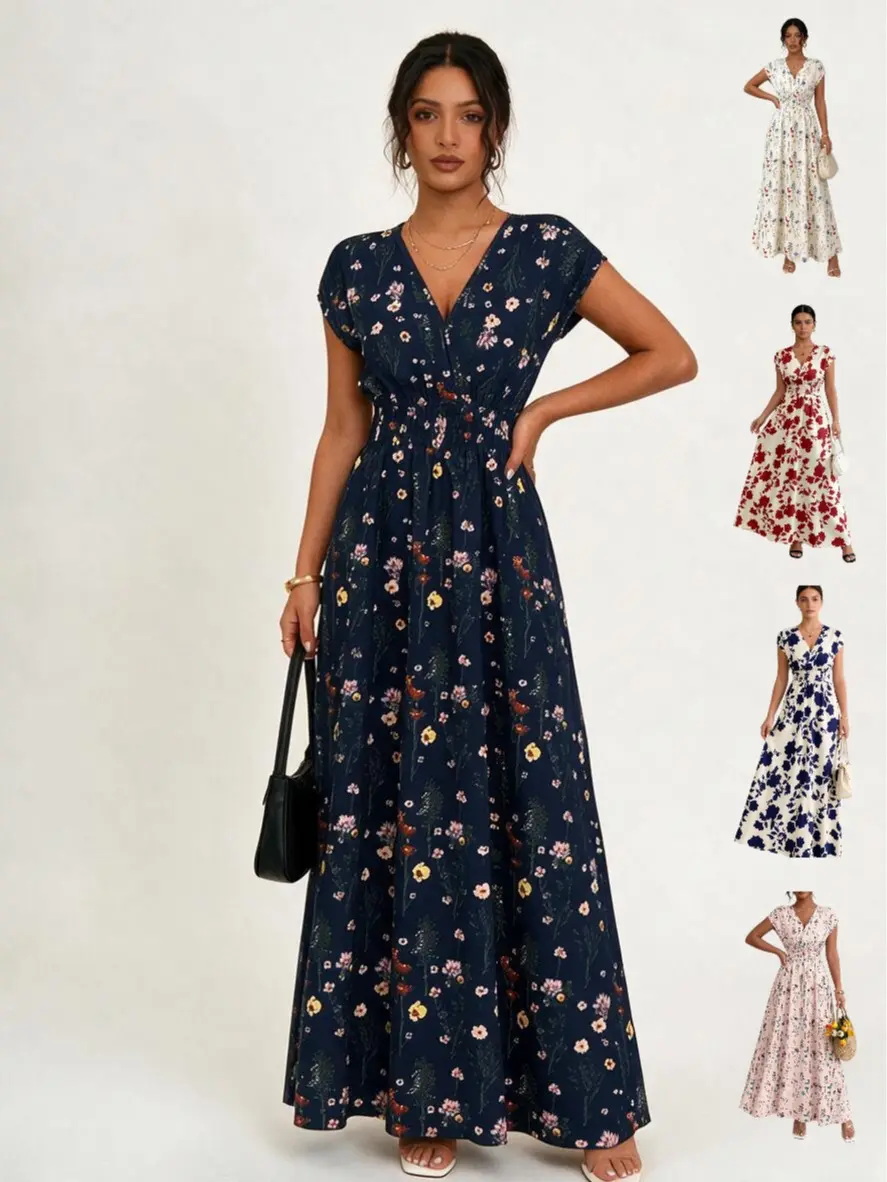 Women's Breathable Elegant Floral Chiffon Casual Maxi Dress - Summer V-Neck Short Sleeve High-Waist Flowy Womenswear for Party, Beach