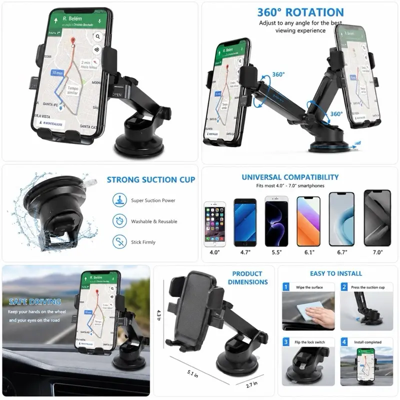 360° Adjustable Car Phone Mount Holder - Dashboard, Windshield Suction Cup Stand for iPhone, Android Devices