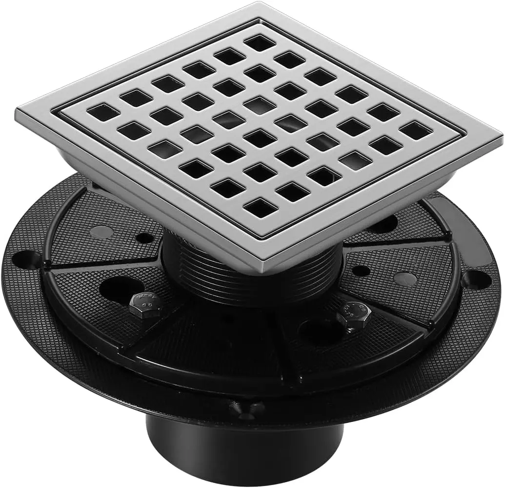 Shower Drain, Chrome 4 inch Square Shower Floor Drain with Flange,  Removeable Grid Panel SUS 304 Stainless Steel Square Shower Drain
