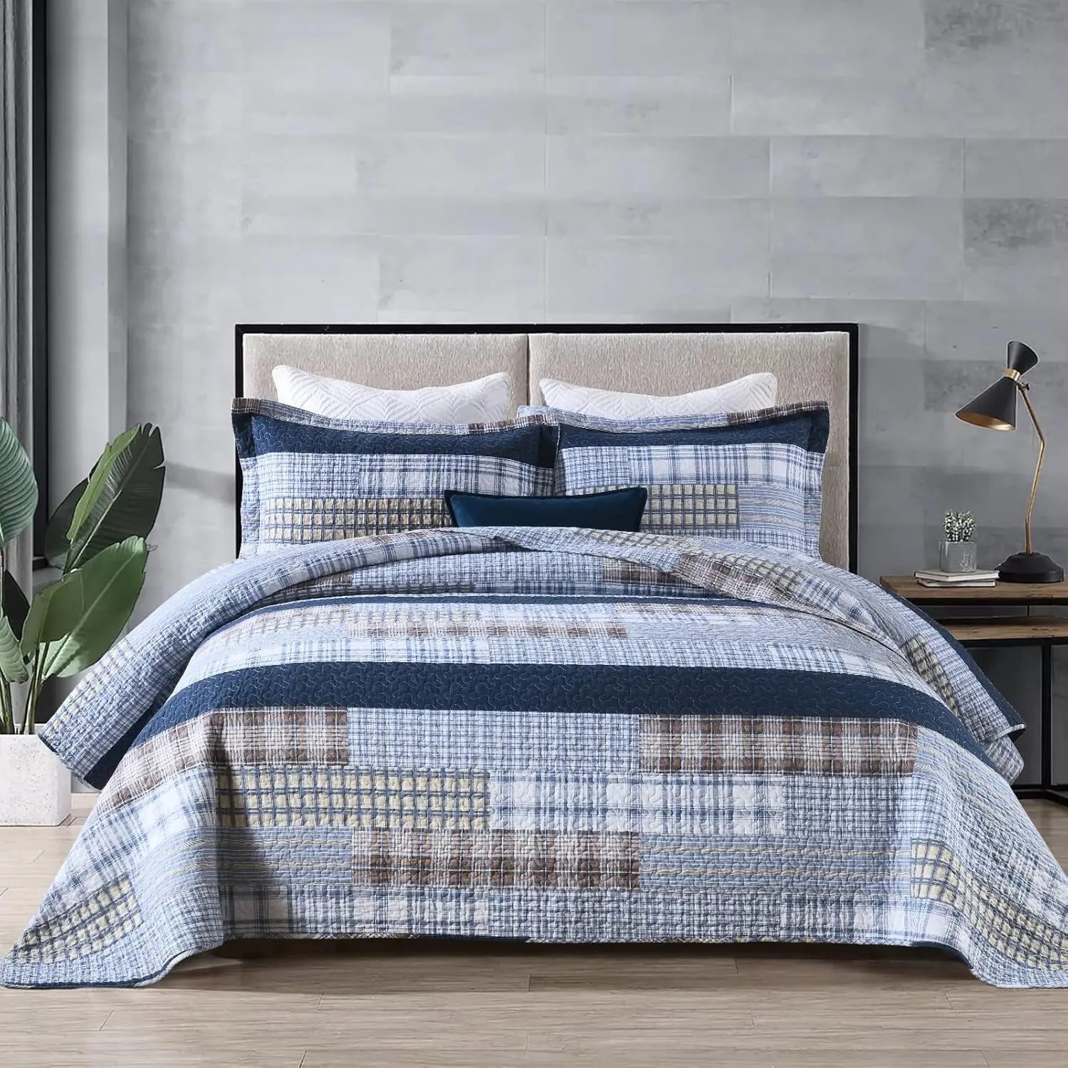 Quilt  Size,  Quilt Set,  Cotton  Quilt Bedding Set Bedspreads, Farmhouse Reversible Patchwork Lightweight Plaid Quilts Bedspread for  Season, Blue, 3 count