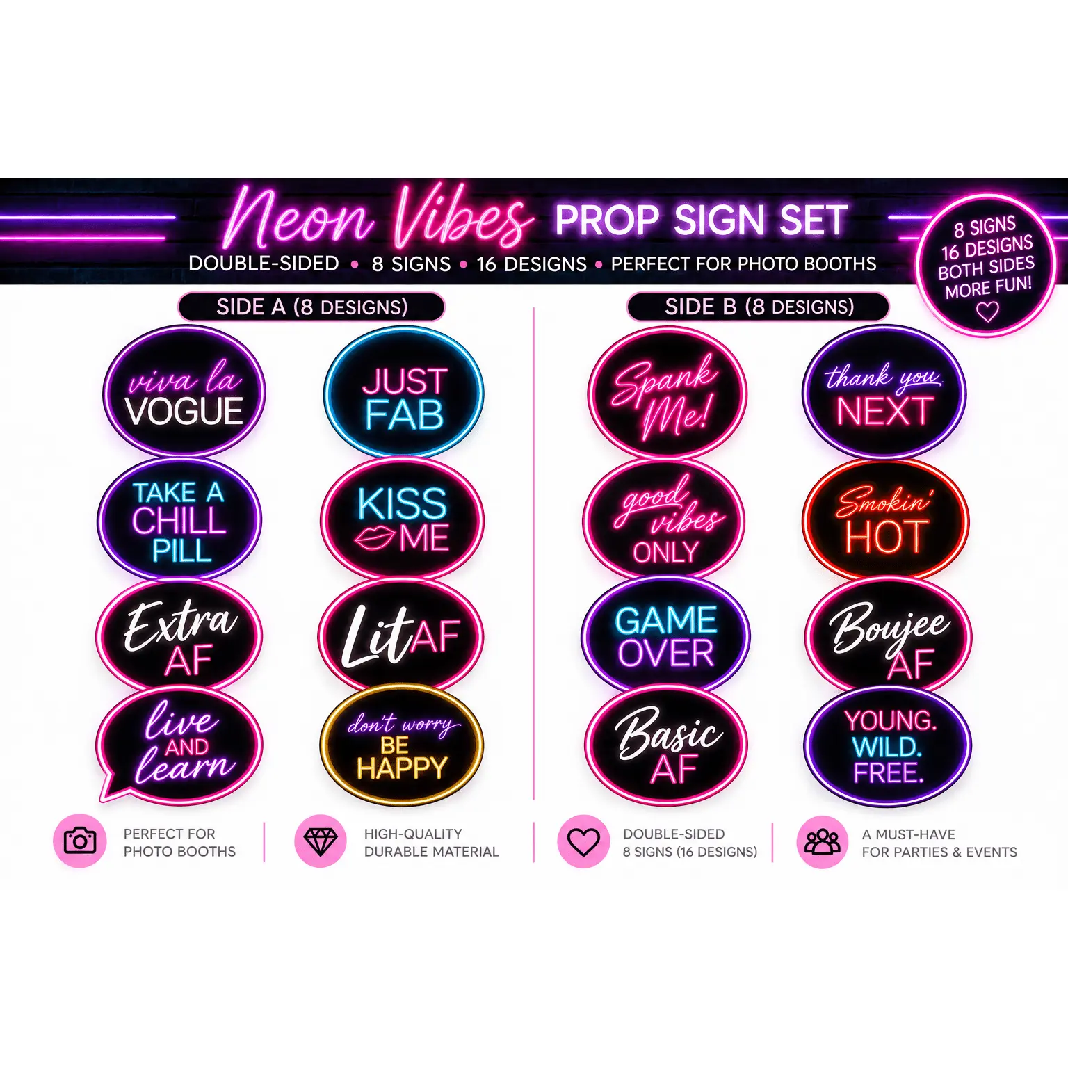 Neon Vibes – Premium Double-Sided Photo Booth Prop Set | 8 Signs, 16 Designs