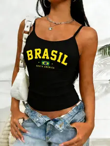 Y2K Brasil Graphic Slim-Fit Cami Top, Soft Cotton Blend Streetwear Tank, Womenswear, Retro Summer Crop Top for Casual Daily Wear, Vacation Outfits & Festival Looks – Y2K Aesthetic Tee with Brazil Flag Print