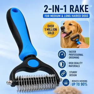 Pet Grooming Rake - Double-Sided Deshedding Dematting Tool, Undercoat Rake for Dogs & Cats, Extra-Wide Dog Grooming Brush & Deshedder Comb for Long Hair, Reduces Shedding 95%