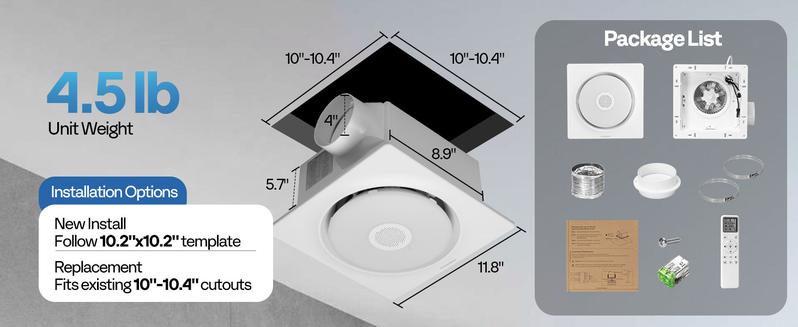 VIVOHOME 4-IN-1 AutoFlow Bathroom Exhaust Fan with RGB Light & Bluetooth Speaker & Humidity Sensor (30-110-160CFM) - 2700K/4000K/5700K LED Light, Energy-Saving EC Motor (Install Kit, 4-in Duct)