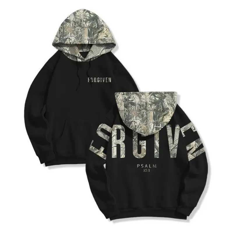 Forgiven Psalm 32:1 Camo Hoodie – Christian Bible Verse Fleece Hooded Sweatshirt with Dead Leaves Camouflage Print, Faith Streetwear for Men & Women