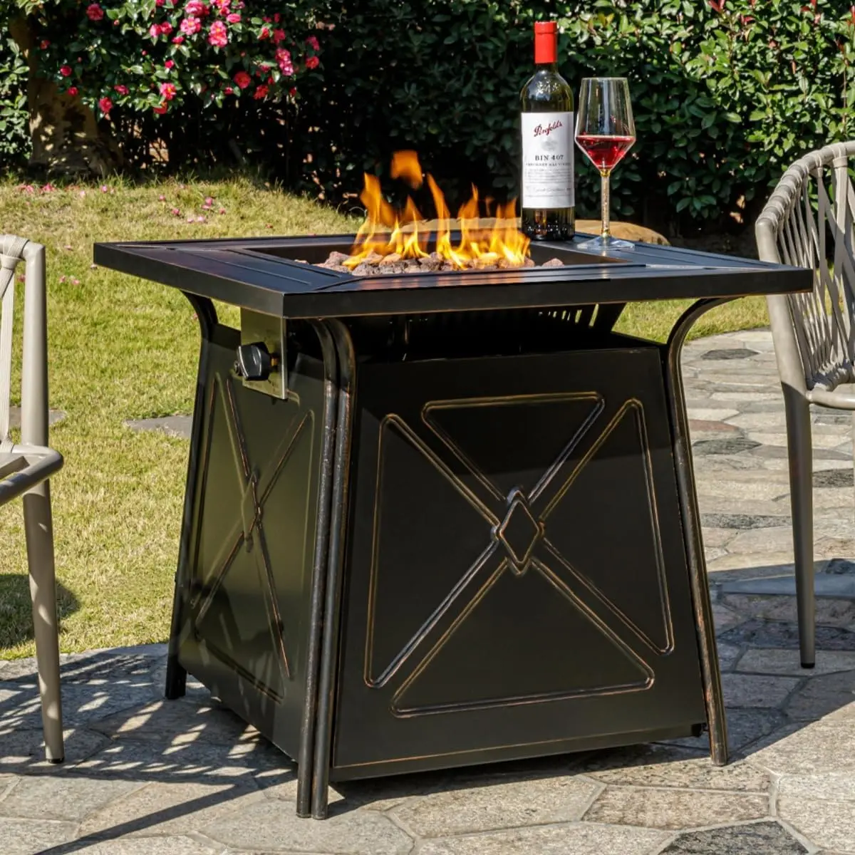 Outvue Gas Fire Pit,28"Propane Fire Pit Table-50,000 BTU Gas Fire Pit with Lid and Lava Rocks, Ideal for Garden and Yard Outdoor Fire Pits Patio Fire Pit