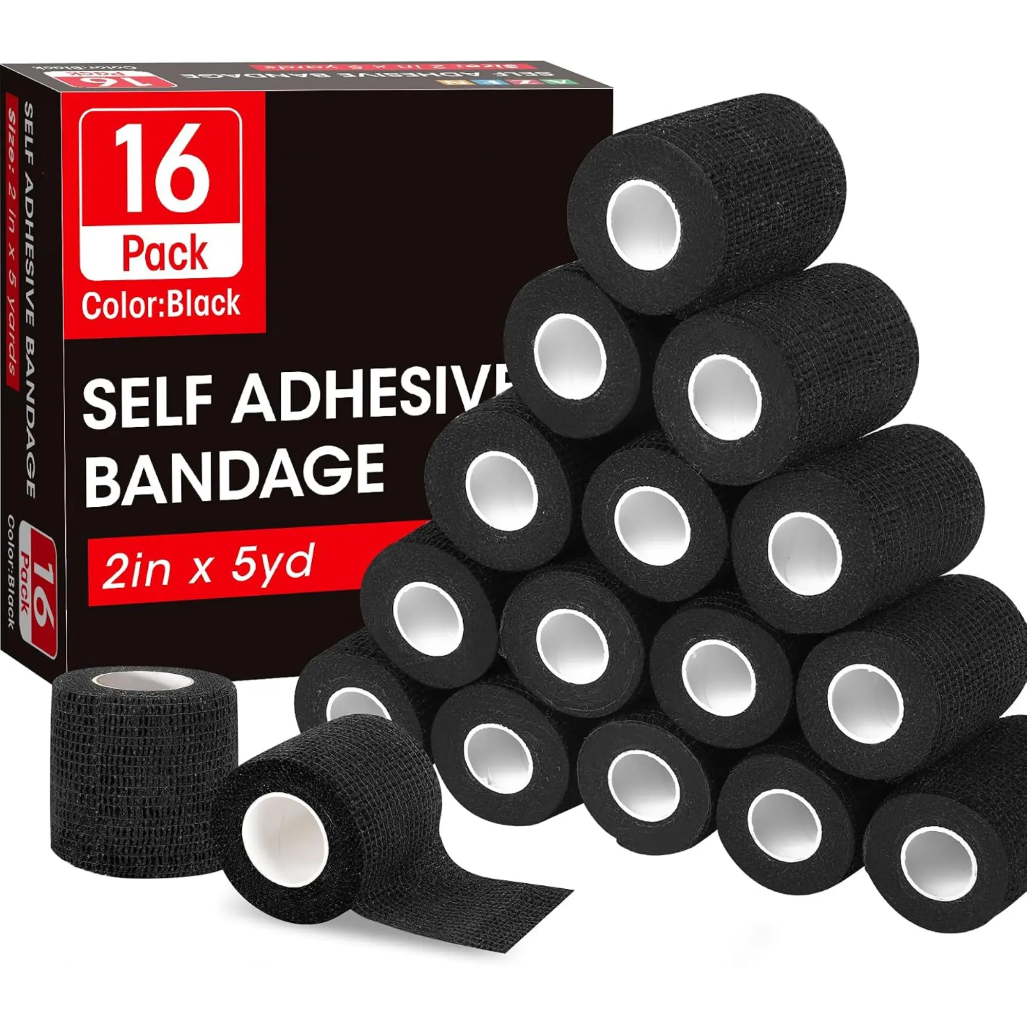 16 Pack 2" x 5 yd Black Self-Adhesive Cohesive Bandage Wrap - Athletic, Vet, Tattoo Grip, Ankle Support Tape for Sports & Outdoor Use
