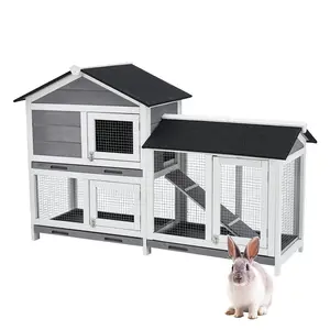 Gaomon-62" Wooden Rabbit Hutch, Weather-Resistant Small Animal Enclosure, 2 Lockable Doors, Open Courtyard Design, Wire Fence Structure, Removable Cleaning Tray, Outdoor Bunny House for Small Animals