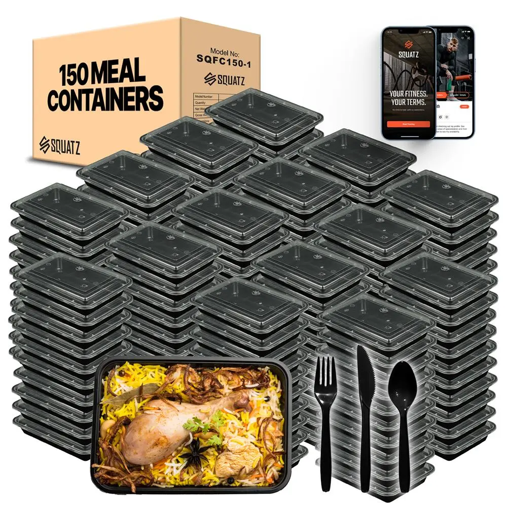 150-Pack Reusable Rectangle Plastic Food Containers with BPA-Free Lids & Polystyrene Utensils - 33oz Leak-Proof, Microwave, Freezer Safe for Adults' Lunch at Work, Catering