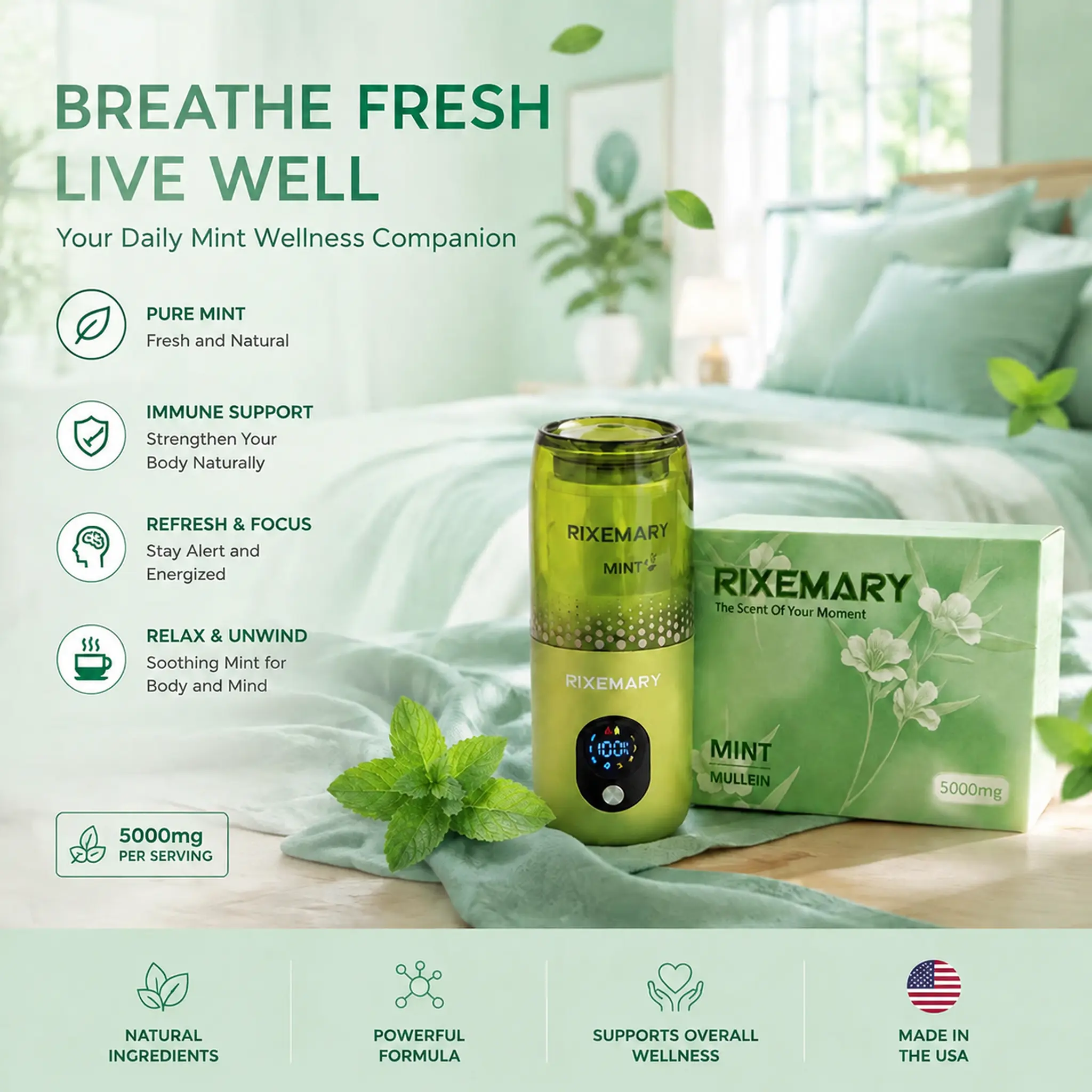 Dual-mode essential oil diffuser, refreshing air with mint scent, suitable for late-night study, outdoor use, and car use witchy