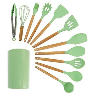 MegaChef Mint Green Silicone and Wood Cooking Utensils, Set of 12