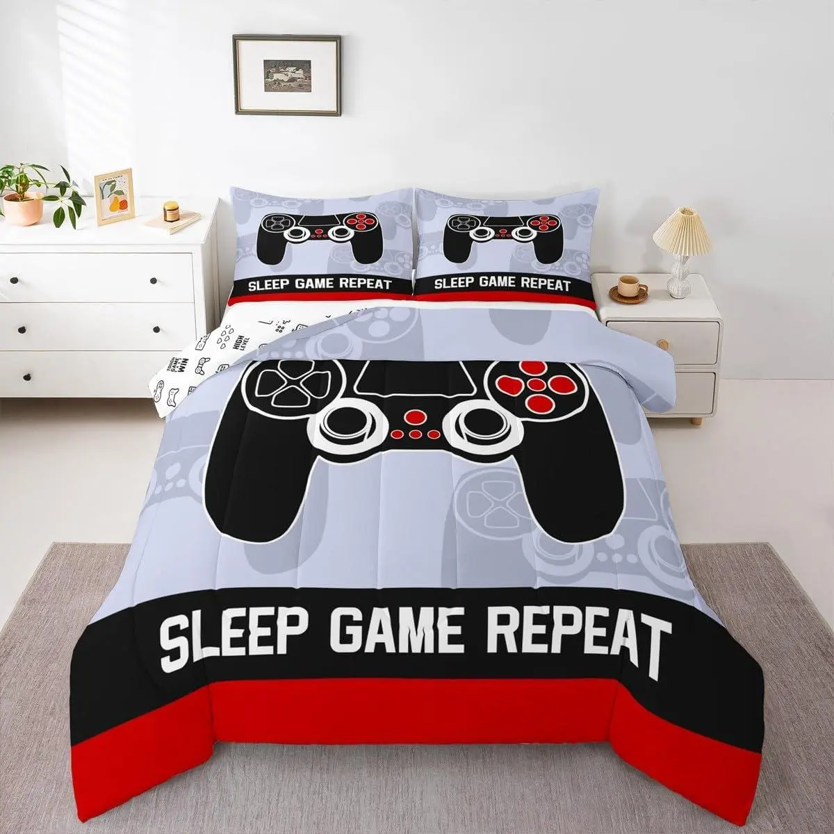 Gamer Duvet Quilt Gaming Bedding Set for Kids Boys Girls Decor Modern Game Console Comforter Set Breathable Soft Lightweight Microfiber Red Grey Black Bedroom Decor Bedclothes