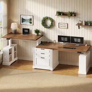 SEDETA 98.4 Inch Electric Standing Two Person Desk Farmhouse Height Adjustable Long Computer Desk with 3 Drawers Storage Cabinet Power Outlets for Home Office