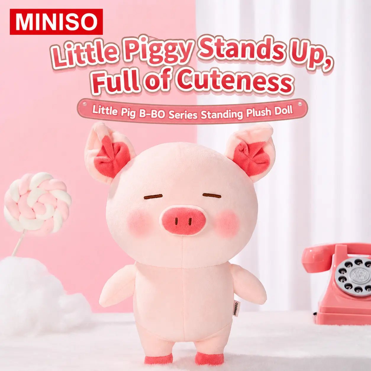 MINISO Little Pig B-BO Collection Standing Plush Stuffed Doll - Unisex Anime & Manga Collectible with Cute Look, Soft Plush Fabric, Ideal for 4-6 Years Olds & Adults, Decorating My Apartment, Back to School Gift