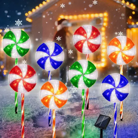 Peppermint Christmas Decor Solar Outdoor Christmas Lights Set - 4-Pack Pathway Stakes, 8-Pack Lollipops, 8 Modes Multi Color, Yard Walkside Lighting, Room Decor Gifts for Men, Boyfriends, Christmas Lights Outdoor