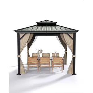Garvee Galvanized Steel Hardtop Gazebo, 10'x10' Outdoor Patio Gazebo with Double Roof, Heavy-Duty Aluminum Frame, Breathable Netting & Privacy Curtains, for Backyard Deck Lawn, Khaki