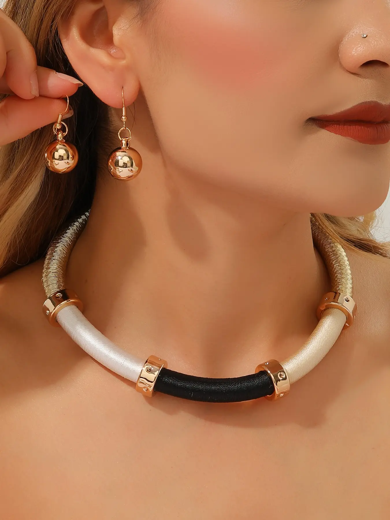 Boho Style Threaded Necklace and Earrings Set, Exaggerated Fashion Jewelry, Perfect for Stylish, Unique Accessory Collection