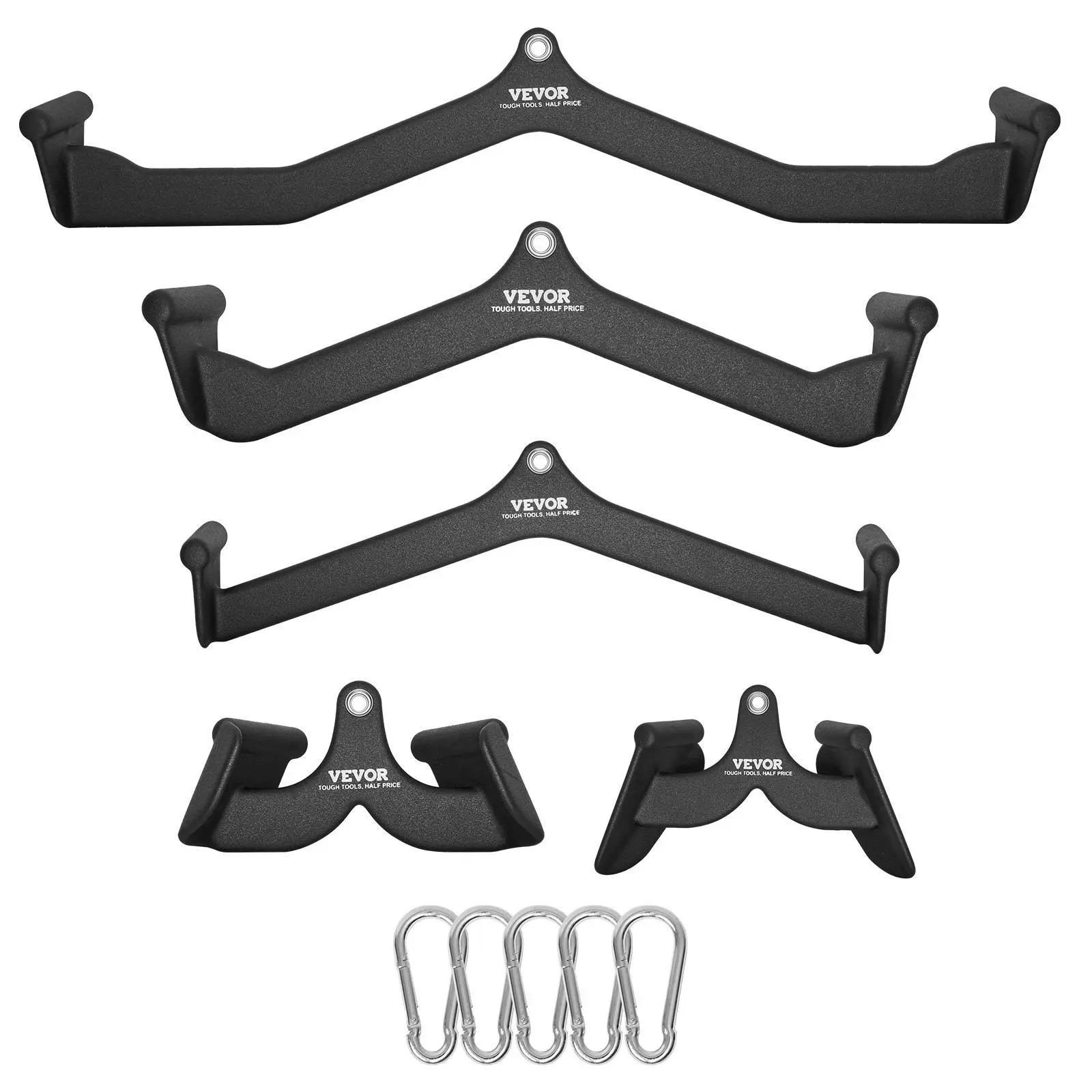 VEVOR 5-Piece Lat Pulldown Attachments - Universal Fit Solid Steel System, T-Bar, V-Bar, Ergonomic Round Rod Grip, Rubber Grips for Home Gym Back Training