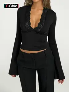 Women's Contrast Lace Flounce Sleeve Tee, Elegant Deep V Neck Long Sleeve Top for Fall & Winter, Ladies Clothes for Daily Wear