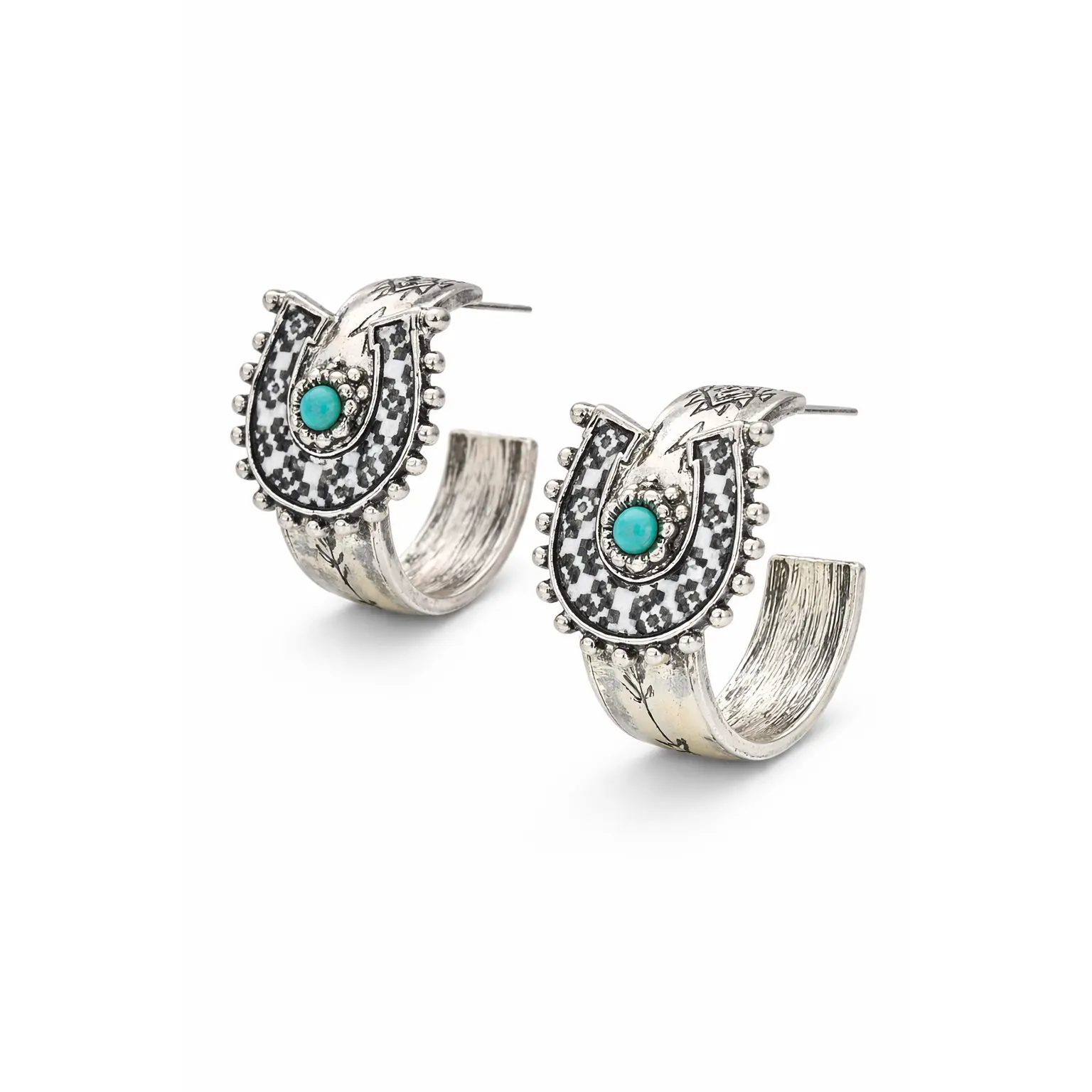 Statement Western Hoops, 1.38" Saddle Star Horseshoe Earrings with Faux Turquoise, Lightweight Checkered Antique Silver Finish, Ear Accessories, Cowgirl Earrings, Statement Hoops Earrings