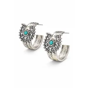 Western Earrings - Saddle Star Horseshoe Hoop Earrings with Turquoise Stone, 1.38" Western Charm Statement Costume Jewelry Fashion Accessory