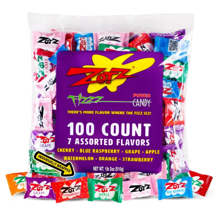 ZOTZ Fizzy Sour Candy Bulk - Retro Italian Hard Candy Individually Wrapped - Classic Nostalgic 7 Assorted Flavors Cherry, Watermelon, Strawberry, Blue Raspberry, Apple, Orange & Grape - 100 Pieces Bag for Party Favors, Goodie Bags, Piñata & Candy Buffet