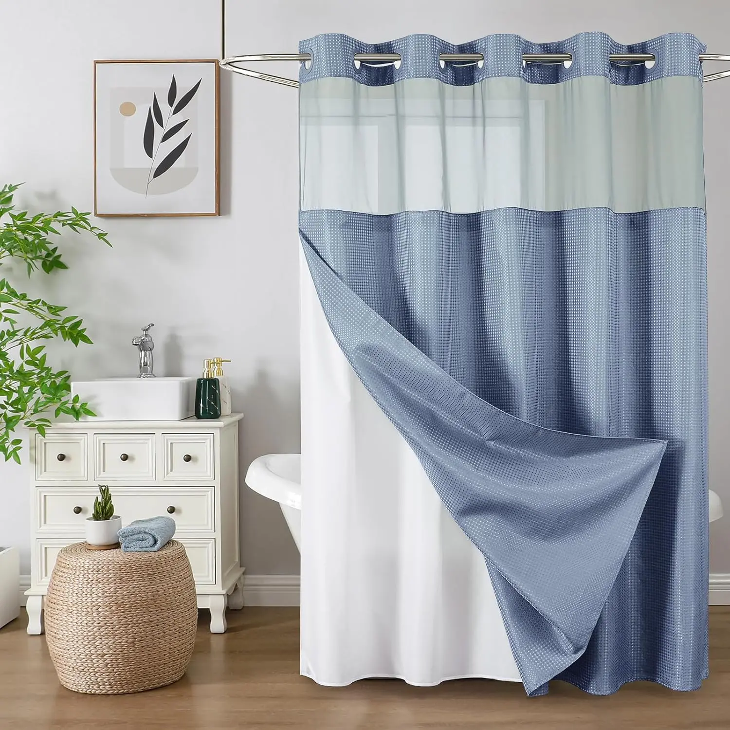 No Hook Shower with Snap in Liner, Waffle Weave Duty Thick Shower Curtains with Mesh Top Window, Hotel Style Waterproof Set, 72 x 75 Inch, Moonlight Blue