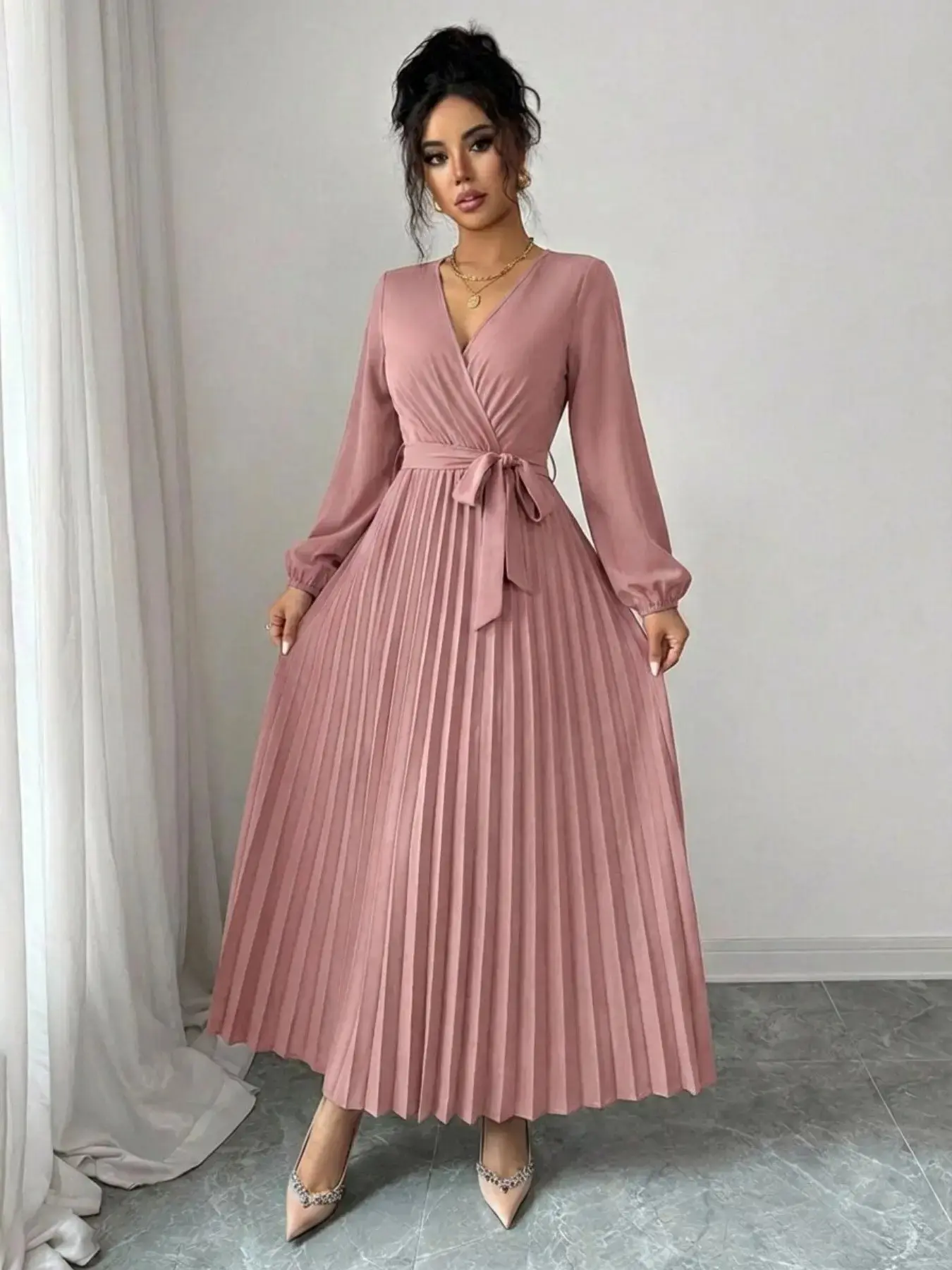 Spring Autumn V Neck Tie Waist Wedding Bridesmaid Dress, Elegant Chic Midi Pleated Solid Long Sleeve Dress, Formal Occasion Gown