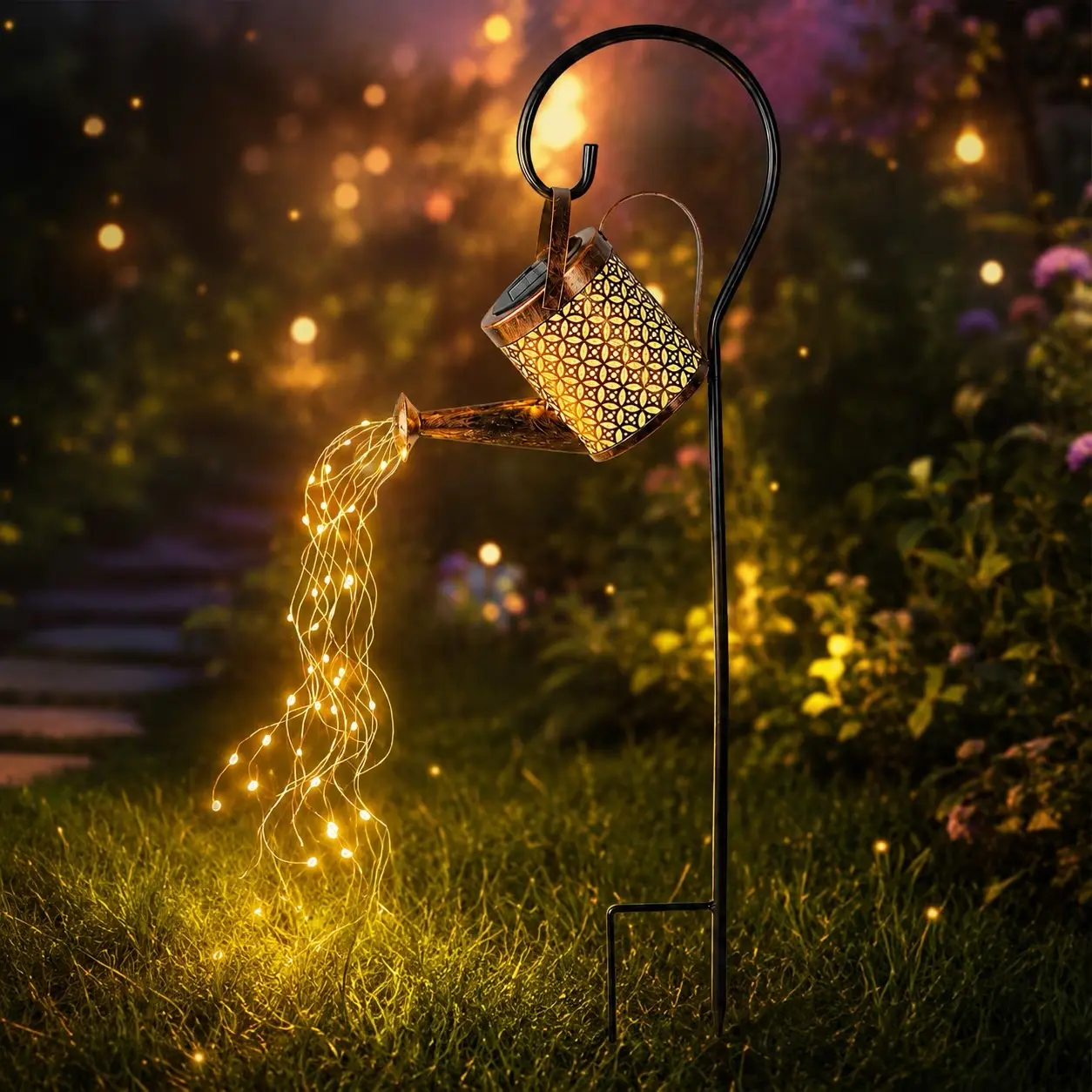 Rirool Solar Watering Can Lights, Hanging Solar Waterfall LED Garden Light, Waterproof Outdoor Yard Decor for Patio, Garden, Pathway and Walkway