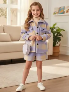 Adorable Girls Plaid Shacket & Shorts Set Lilac & Beige Checkerboard Three-Piece Outfit Cozy Soft for Trendy Toddlers & Little Girls Perfect for School Playdates & Everyday Wear