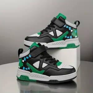 1 Pair of Boys' and Girls'-Top Shoes with Hook-and-Loop Closure, Children's Sneakers with Print, Contrast Color Blocking, Fashionable Youth Sneakers