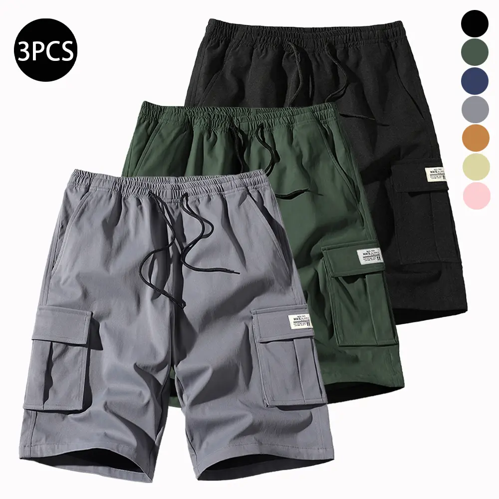 Men's Classic Multi-Pocket Cargo Shorts 3-Pack, Mid Waist Drawstring Waist with Slant Pockets, Casual Street-Style Menswear for Everyday & Urban Wear, Cargo Men's Shorts, Sportswear