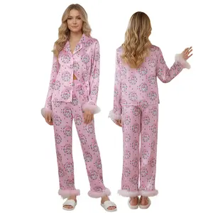 Women Christmas Pajamas Set Feather Trim Silk Satin  Long Sleeve Shirts Pants Soft Sleepwear 2 Piece Cozy Xmas Pjs Loungewear Outfits