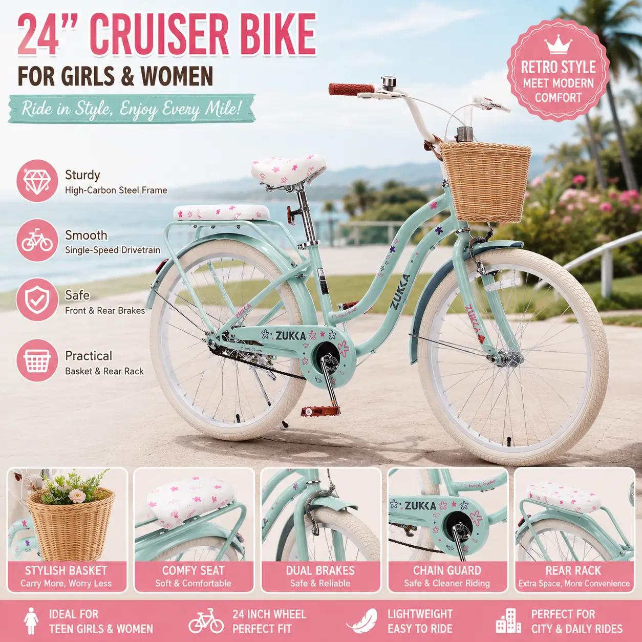 Elon Girls Cruiser Bike 24 Inch Single Speed Beach Cruiser Bicycle with Wicker Basket and Rear Rack High Carbon Steel Frame Comfort City Bike Retro Vintage Commuter Bicycle for Teen Girls Women Outdoor Riding
